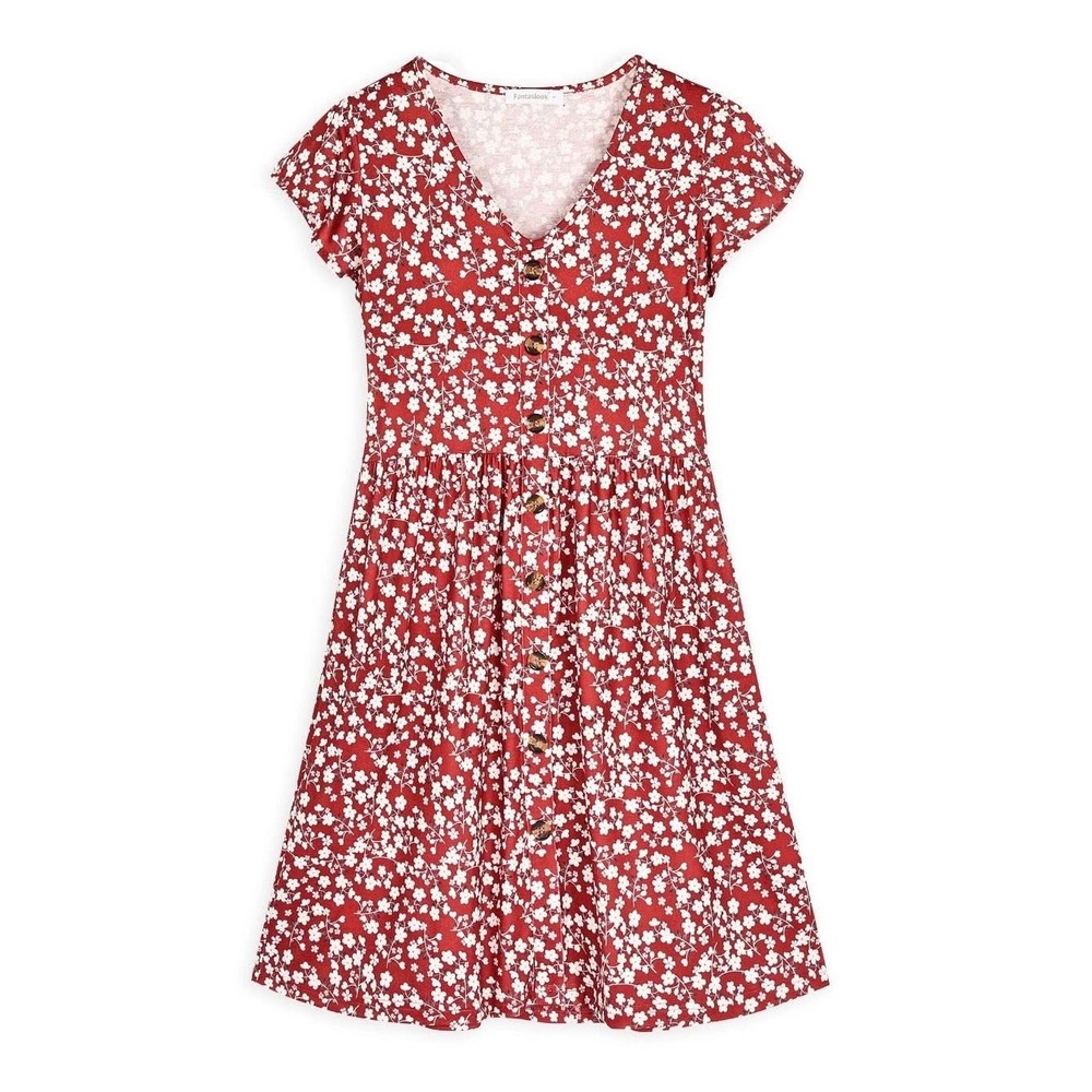 Fantaslook Red Floral Button Down V-Neck Short Sleeve Dress Sz Large
